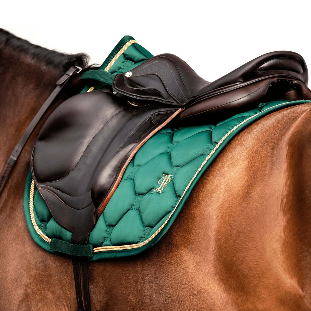 
                  
                    Green saddle pad with gold cord trim, modelled on a bay horse, on a white background.
                  
                