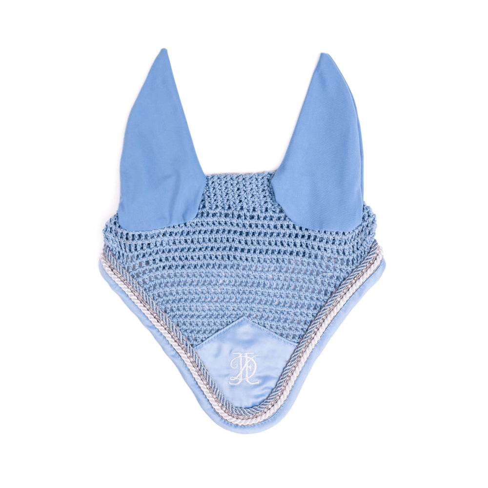 Light blue fly veil with blue, white and diamante trim, on a white background.