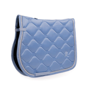 
                  
                    Blue saddle pad, with blue, white and diamante trim, on a white background.
                  
                