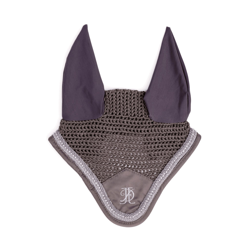 Grey fly veil with silver and diamante trim, on a white background.